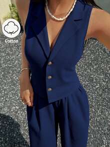Conjunto de dos piezas para mujer: chaleco sin mangas con solapa y botones, combinado con pantalones anchos de talle alto, estilo elegante ideal para oficina y uso diario - azul real - Ver 1