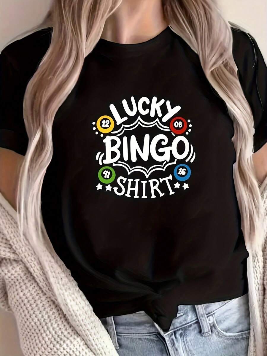 Camiseta estampada, camiseta de manga corta con cuello redondo, top casual, ropa de mujer para el verano. - Negro - Ver 1