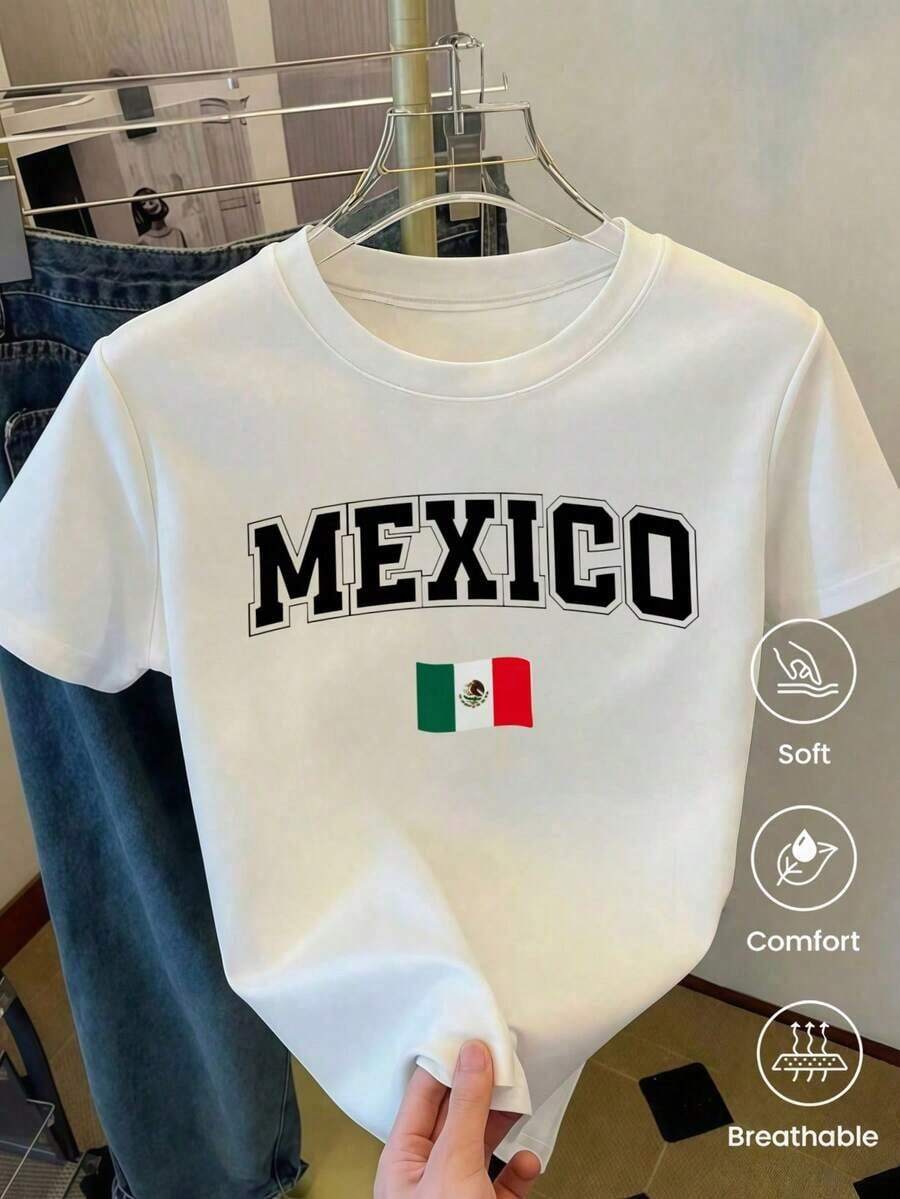 Camiseta de manga corta de moda para primavera y verano de 2026, hecha en México, 180 gramos. Estampado de dibujos animados, modelo de pareja, apta para uso interior o exterior. Cuello redondo, unisex, ideal para oficina y ocio. Paquete de una pieza. - Blanco - Ver 1