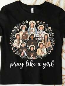 Camiseta holgada para mujer estilo Y2K, con estampados de santos católicos, diseñada específicamente para mujeres cristianas, con un estilo callejero vintage de los años 2000 y un corte holgado. Hecha de 100% algodón, es una camiseta de manga corta para vacaciones de verano y días de descanso para mujeres - Estilo vintage urbano, unisex, holgada, de algodón, con cuello redondo. - Blanco - Ver 10