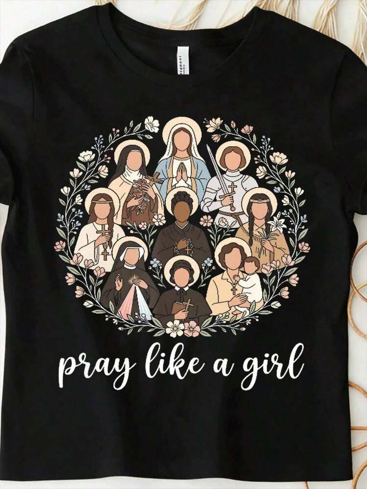 1 Piece Casual Fashion Top For Men And Women, Women's Loose Fit T-Shirt Y2K Style, With Catholic Saints Print, Designed Specifically For Christian Women, With A Vintage 2000s Urban Style And A Loose Fit. Made Of 100% Cotton, It's An Ideal Short-Sleeved Top For Summer Vacations And Days Off For Women. Versatile, Easy To Match, Suitable For Everyday Wear, Urban Style, Vacation Outfits, And Weekend Wear. - 黑色 - 查看 4