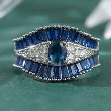 Luxury Retro Wide Band Ring, Blue & White Synthetic Cubic Zirconia Inlaid, Couple's Versatile Design, Suitable For Daily, Holiday, Party Wear - Silver - View 2