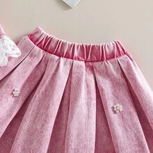 Girls' Pink Denim Lace Trim Short Sleeve Top + Pleated Skirt 2 Pieces Set, Spring/Summer Casual, School, Photo Shoot - Pink - View 9