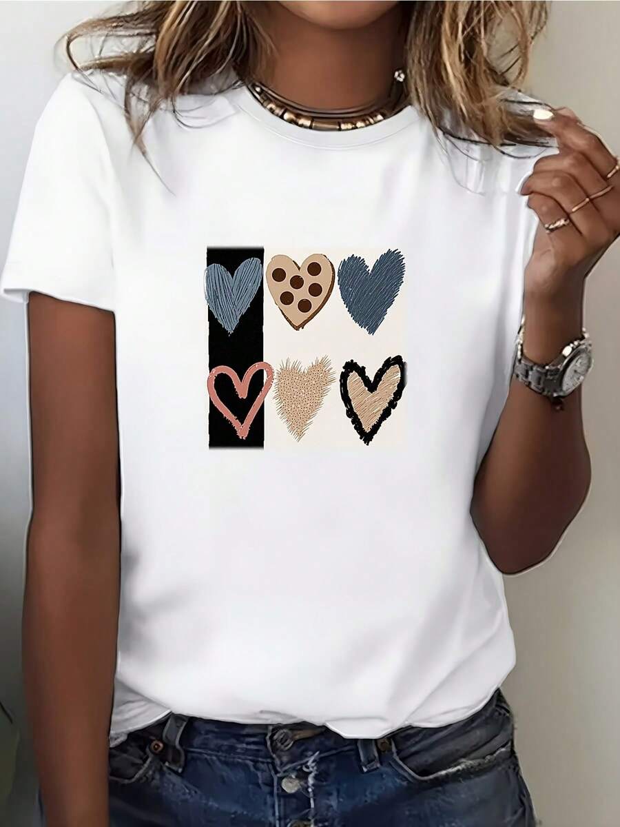 Women's Short-Sleeved T-Shirt, Lightweight And Breathable, Made Of Cotton, Limited Edition, 180g, Soft, With A Heart Print "Every Is Love", Round Neck, Casual Style, Suitable For Valentine's Day Gifts, Office Uniforms And Everyday Wear, Machine Washable, Can Be Paired With A Cardigan Or Other Tops. Lightweight Cotton. - 白色 - 查看 1