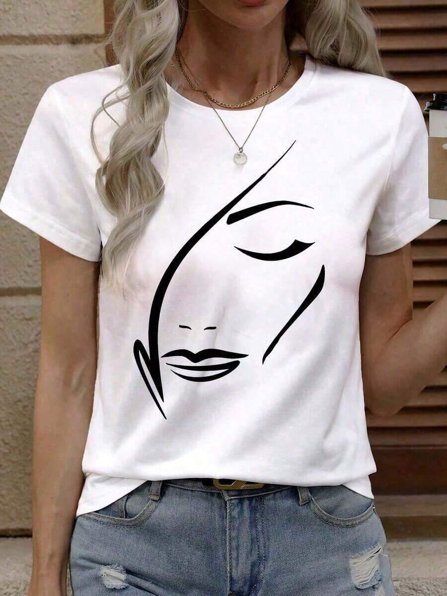 Soft 100% Cotton T-Shirt, 1 Piece. Plus Size T-Shirts, Crew Neck Graphic Print T-Shirt, Women's Graphic Tees, Breathable Cotton T-Shirt, Goes With Everything, Great. - 白色 - 查看 1