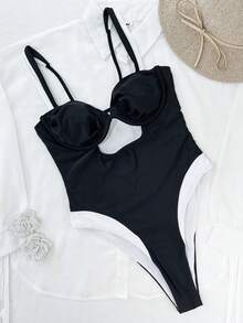 Women's Color Block One-Piece Swimsuit. Sexy Color Contrast Flatters The Figure, Perfect For Beach Vacations And Casual Outfits. Black - Black - View 2