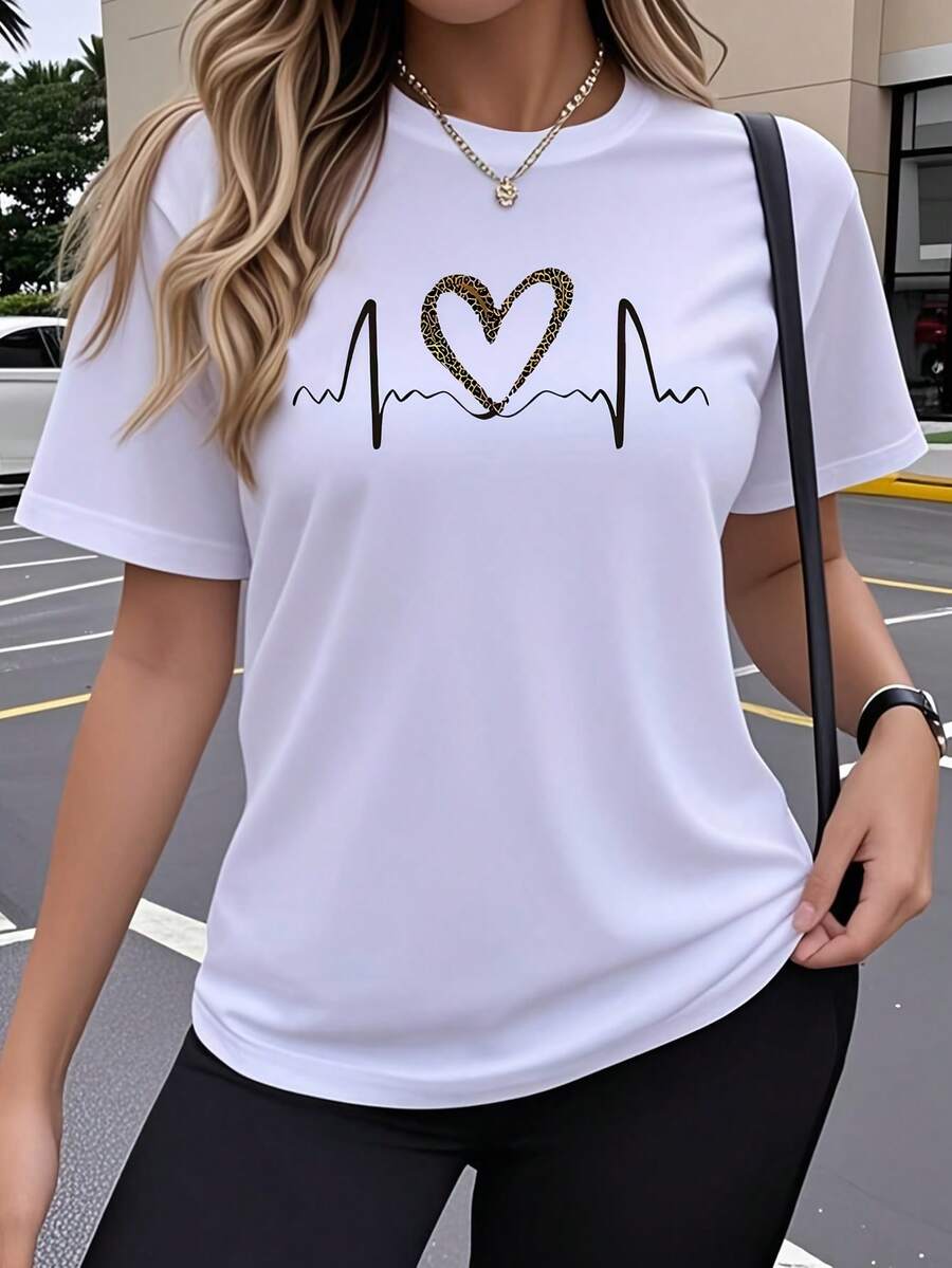 Women's Soft 100% Cotton Short-Sleeved T-Shirt, Single Pack, Fun EKG Heart Art Print Design, Elastic Round Neck Top, Comfortable Outdoor Wear In Spring And Summer, Cute Y2K Top, Loose, Casual, Simple And Fashionable Round Neck, Soft Fabric, Breathable Cotton T-Shirt With Daily Fashion Print, Matches With Everything. - 白色 - 查看 1