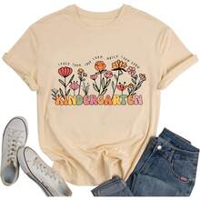 Camisadejardíndeinfantesparamujer, diseño de flores, para profesores, vida preescolar, playera casual de manga corta - Albaricoque - Ver 1