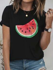 Designed For Modern, Stylish, And Comfortable Women. Women's Oversized Watermelon Print T-Shirt. | Summer Short-Sleeve Crew Neck T-Shirt With Seedless Fruit Slice Design, Casual Black And Pink T-Shirt For Beach, Picnic, Casual Wear - Loose And Breathable Fruit-Themed T-Shirt, Made With Premium Soft And Breathable Fabric, Designed For All-Day Comfort And Versatile Everyday Wear, Perfect For Casual Outings. - 黑色 - 查看 12