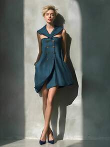 Vestido corto de moda para mujer, cuello de capa con calados, doble  de botones, bolsillos, diseño favorecedor, perfecto para looks casuales, de día y de oficina - Azul - Ver 2