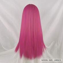 Rose Pink Synthetic Long Straight Hair Wig For Women, Hot Pink Lolita Cosplay Fluffy Heat-Resistant Wig, Suitable For Daily Wear And Parties, Halloween - Hot Pink - View 5