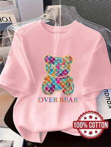 Camiseta de mujer 100% algodón, de corte holgado, con estampado de oso adorable - Manga corta, cuello redondo, ajuste relajado, transpirable, ideal como prenda casual para estar en casa o como capa base para pijama, diseño de cara de oso para usar en todas las estaciones. - Negro - Ver 7