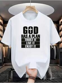 Diseño Inspirado en la Fe: Camiseta Blanca Casual de Manga Corta con Texto Impreso "DIOS TIENE UN PLAN, CONFÍA EN ÉL, VIVELO, DISFRÚTALO" - Blanco - Ver 8