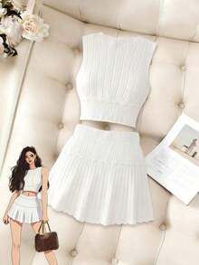 Conjunto de 2 piezas de top sin mangas de punto acanalado de unicolor y minifalda, para verano - Blanco - Ver 6