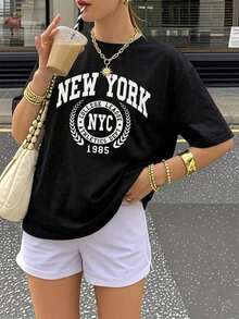 Loose Fit T-Shirt With "NEW YORK NYC" Print, College Sports Retro Y2K Style, Streetwear, Casual Summer Sports Top, Vintage College Slogan T-Shirt For Everyday Wear, Unique Unisex Design, White 2026. - 黑色 - 查看 7