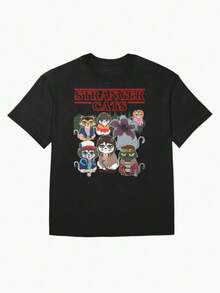 Unisex 100% Cotton T-Shirt, Chibi Stranger Cats T-Shirt. - 黑色5 - 查看 1