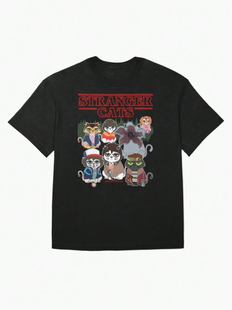 Unisex 100% Cotton T-Shirt, Chibi Stranger Cats T-Shirt. - 黑色5 - 查看 1