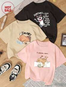 1 pieza/Set de camiseta de manga corta con cuello redondo y estampado gráfico de gato, estilo minimalista y lindo, nueva para el verano, blusa casual versátil y a la moda para mujeres. - Negro - Ver 1