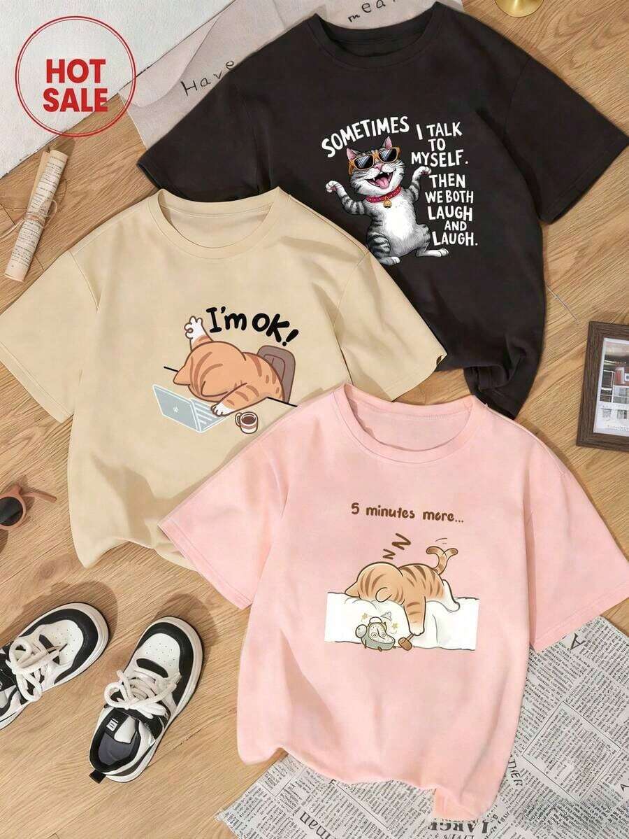 1 pieza/Set de camiseta de manga corta con cuello redondo y estampado gráfico de gato, estilo minimalista y lindo, nueva para el verano, blusa casual versátil y a la moda para mujeres. - Negro - Ver 1