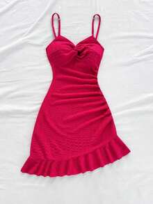 Vestido mini ajustado con cintura ceñida, bajo con volantes y giro asimétrico en el pecho, tejido en rojo, adecuado para vacaciones, citas, té de la tarde, vacaciones, festivales de música, estilo bohemio - Rosa Fucsia - Ver 6