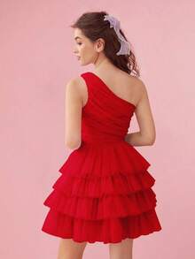 Vestido de malla asimétrico para mujeres con cuello y capa con volantes de unicolor para el verano - Rojo - Ver 2