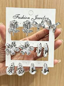 Bộ 12 khuyên tai kim loại bạc, kết hợp hình hoa hồng, bướm, giọt nước và hình chữ C, kiểu dáng cổ điển đa năng. - Bạc - Xem 7