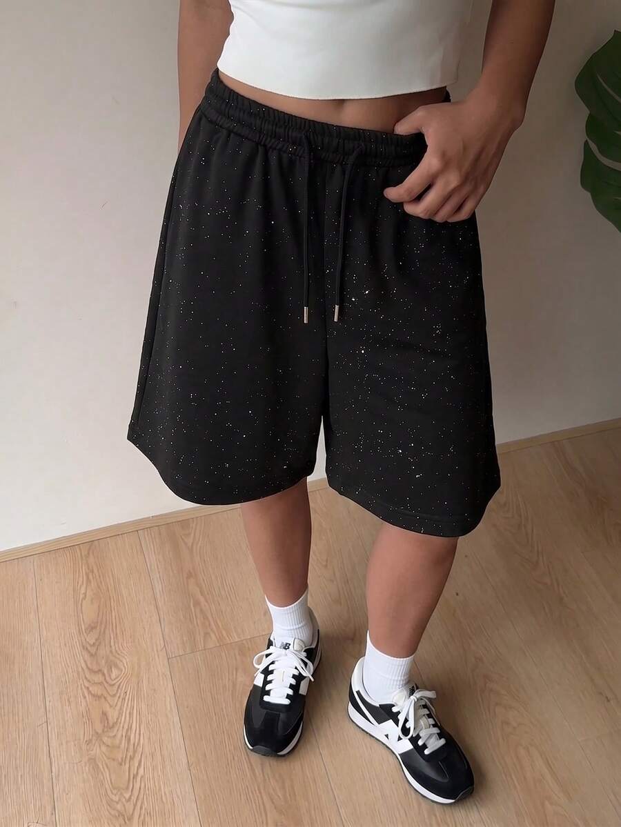 Quần short Bermuda nữ mùa hè kiểu dáng thường ngày, thoải mái, có dây rút, đính sequin, ống rộng, cạp chun, chất liệu mềm mại, có thể mặc nhà. - màu đen - Xem 1