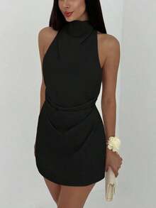 Vestido mini plisado de mujer con espalda abierta y atado - Negro - Ver 5