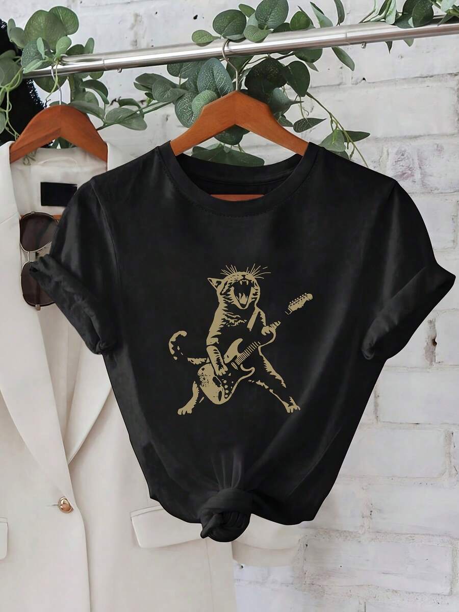 Women's T-Shirts 100% Cotton 20262026 Spring/Summer Fashion New Music Festival Cat Playing Guitar Black Casual Party T-Shirt For Women Korean Style - Black - View 1
