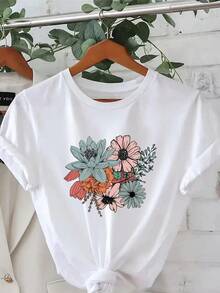 Plus Size - Plus Size - Fashionable Short Sleeve Crew Neck Printed T-Shirt, Plus Size Women's Clothing, Women's Clothing - 白色 - 查看 1