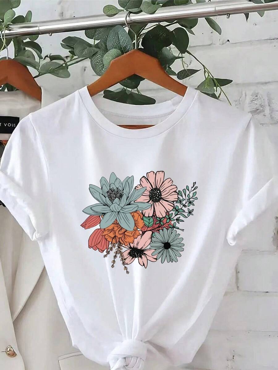 Plus Size - Plus Size - Fashionable Short Sleeve Crew Neck Printed T-Shirt, Plus Size Women's Clothing, Women's Clothing - 白色 - 查看 1