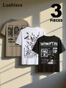 Lonblece 3 buah Kaos Lengan Pendek Bergambar untuk Pria, Gaya Kasual Jalanan dengan Grafis Gunung & Burung Retro Amerika. - MultiWarna - View 1