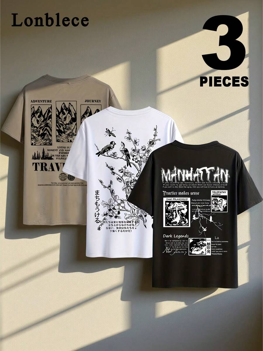 Lonblece 3 buah Kaos Lengan Pendek Bergambar untuk Pria, Gaya Kasual Jalanan dengan Grafis Gunung & Burung Retro Amerika. - MultiWarna - View 1
