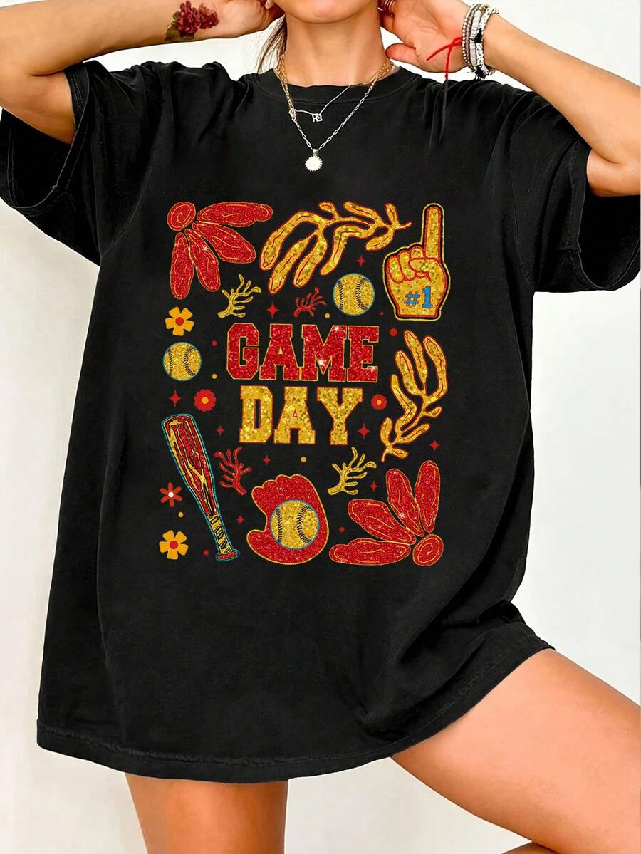 Women's Summer Fashion Short Sleeve T-Shirt Casual Outdoor Fashion T-Shirt 'Letters And Baseball' Print Loose Casual Women's T-Shirt - 黑色 - 查看 1