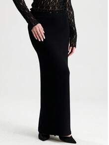 RoseArya Long Plain Straight Maxi Skirt - Black - View 4