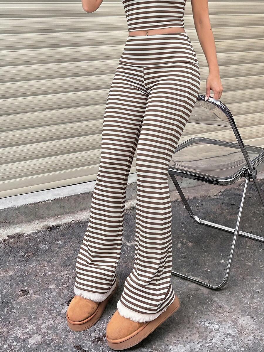 Pantalones acampanados de cintura ancha a rayas casuales para mujer, leggings de cintura alta con pliegues y ajuste delgado para uso diario y en el hogar