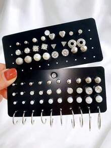 32pcs Fashion Versatile Pearl & Zirconia Stud Earrings & Hoop Earrings Set, Minimalist Geometric Heart & Triangle Design, Unisex Stackable Jewelry, Suitable For Daily Wear, Dates, Parties, Great Gift For Women On Birthday, Valentine's Day, Holidays - Silver - View 4