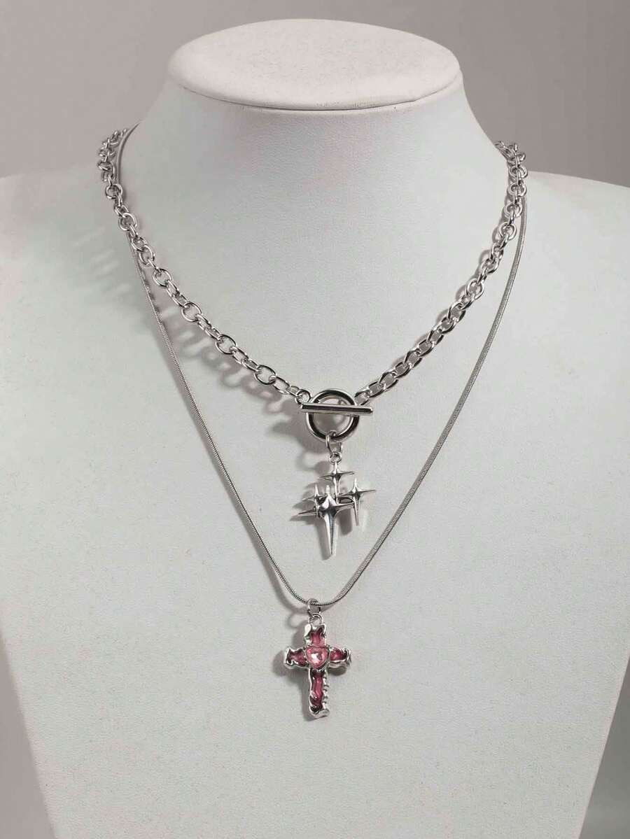 Bộ 2 dây chuyền hình ngôi sao và thánh giá kiểu Gothic đính đá màu hồng dành cho nữ. - Hồng - Xem 1