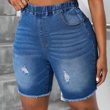Plus Size Women's Autumn Pockets Distressed Elastic Waist Denim Biker Pants - Azul lavado medio - Ver 2