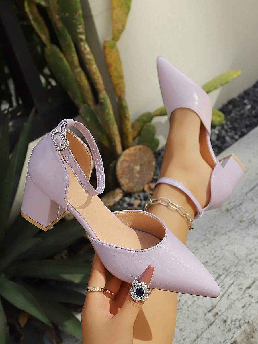Women's Fashion Pointed Toe Elegant Solid Color Comfortable Dance Party Slip-On Buckle Thick Heel Sandals - Mauve Purple - View 1