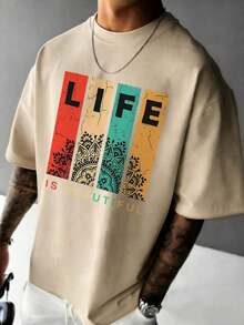 Compatible With The Minimalist Printed Short-Sleeved T-Shirt For Men, Comfortable And Breathable, Suitable For Summer, Fashionable. - 杏色 - 查看 1