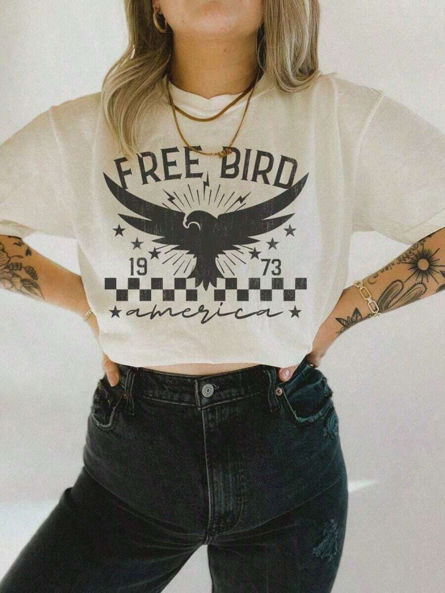 1 Free Bird Shirt | Boho Free Bird T-Shirt, Eagle T-Shirt, Thunderbird T-Shirt, Retro Music T-Shirt, Oversized Grunge Rock N Roll T-Shirt, 180g, 100% Soft Cotton - 白色 - 查看 1