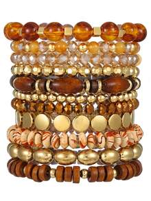 Bộ 11 vòng tay hạt cườm nhiều lớp phong cách Bohemian dành cho nữ, vòng tay co giãn bằng gỗ cổ điển và hạt cườm vàng, phụ kiện đa năng cho hàng ngày, dự tiệc và du lịch. - Nhiều màu - Xem 4