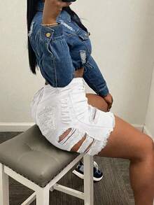 MUZZ Women's Summer Vacation Casual Party Denim Shorts, Music Festival Fashion Sexy Ripped Stretch Skinny Straight Jeans White, Y2K Aesthetic - White - View 3