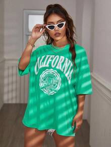 Y2K Style, Modern Style, The Newest Of 2026, Cute Style, Casual Style. Women's Summer Loose Casual T-Shirt With Letter Print, Round Neck And Drop Sleeves, Graphic Tees For Women, 180g (S-XXXL). - 綠色 2 - 查看 6