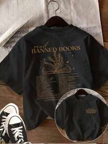 [Impresión a Doble Cara] Camiseta Casual de Verano para Mujer, Estilo Vintage, con el Estampado "Read BANNED BOOKS LET US," Cuello Redondo, Algodón Puro, Camiseta de Manga Corta [Ling K]Y2Y-Ropa de Verano 40XA-Camiseta de Manga Corta de Algodón Holgada Estilo Vintage Unisex con Cuello Redondoblusas para mujer, playeras de mujer,blusas casuales para dama - Negro - Ver 6