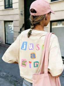 1 Piece Of Graphic Print T-Shirt For Teenage Girls, Soft And Fashionable, Short Sleeve, Casual Style, Minimalist Summer Sweatshirt - Urban Vintage Style, Unisex, Loose Fit, Cotton, Short Sleeve And Round Neck. - 杏色 - 查看 1