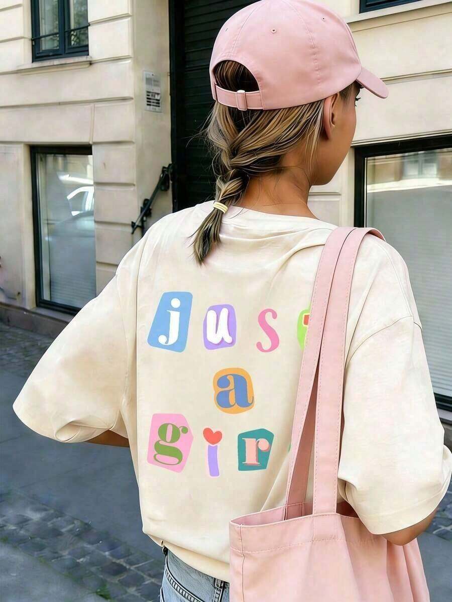 1 Piece Of Graphic Print T-Shirt For Teenage Girls, Soft And Fashionable, Short Sleeve, Casual Style, Minimalist Summer Sweatshirt - Urban Vintage Style, Unisex, Loose Fit, Cotton, Short Sleeve And Round Neck. - 杏色 - 查看 1