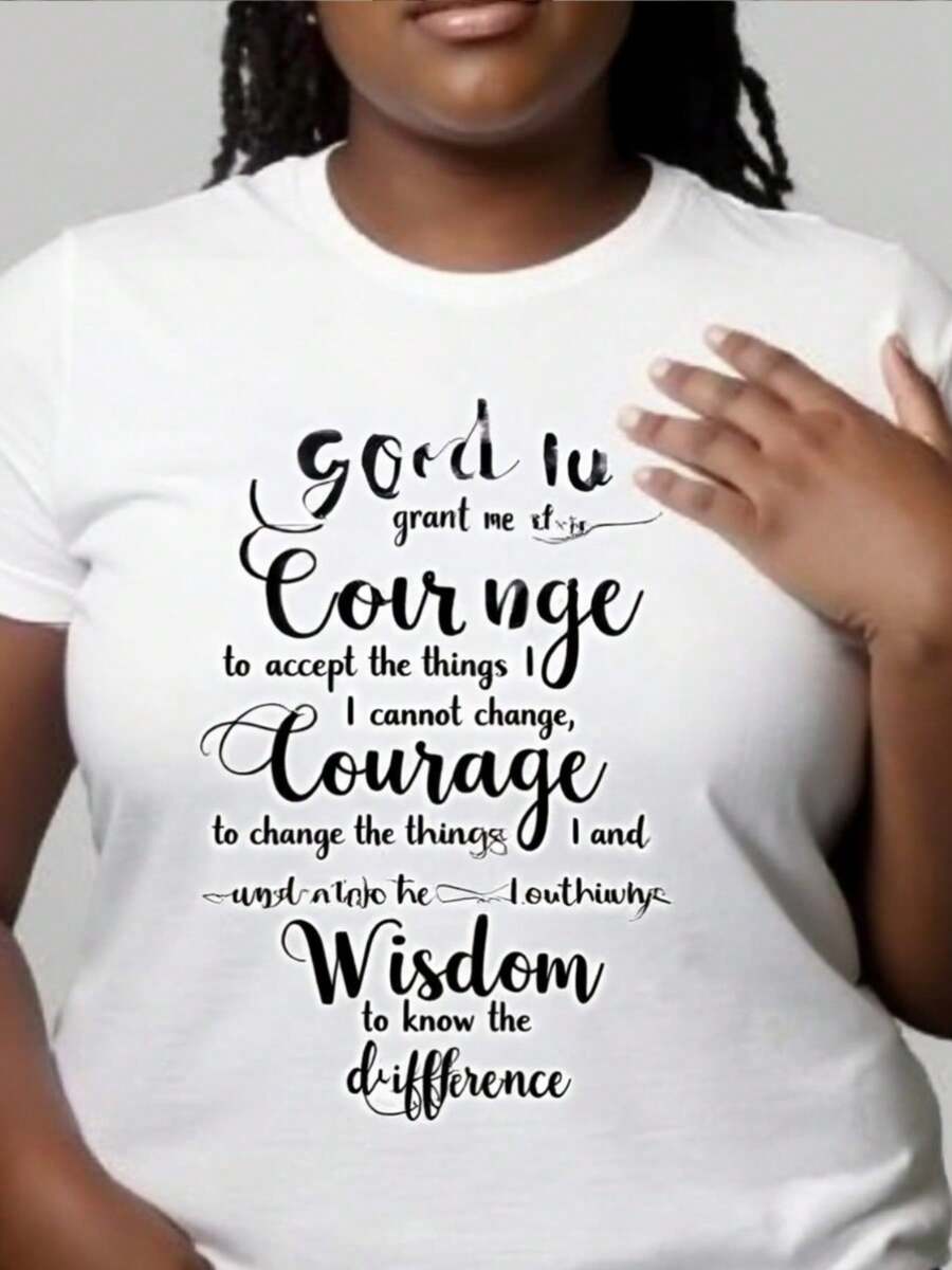 Camiseta de oración de la serenidad de las mujeres - Top blanco de manga corta basado en la fe con letras negras cursivas e impresión de oración, desgaste casual de cuello suelto transpirable, regalo inspirador para Navidad / Halloween (Dios me conceda core abiduría)