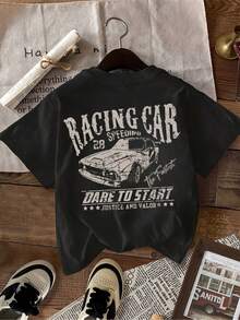 1 Vintage Racing-Themed T-Shirt - Casual Short-Sleeve Crew Neck T-Shirt With "Racing" And "Motivational" Designs, A Summer Essential With A Theme Of Gratitude And Strength, Comfortable For Everyday Wear. | Classic Car Print | Crew Neck T-Shirt - 黑色 - 查看 3